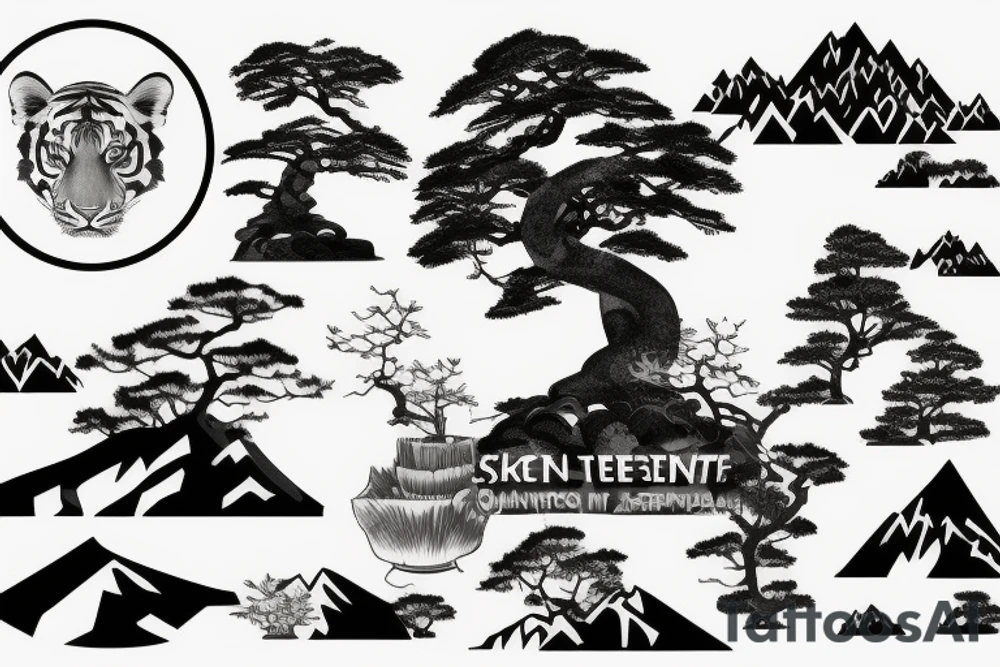 mountain with bonsai tree and a tiger tattoo idea