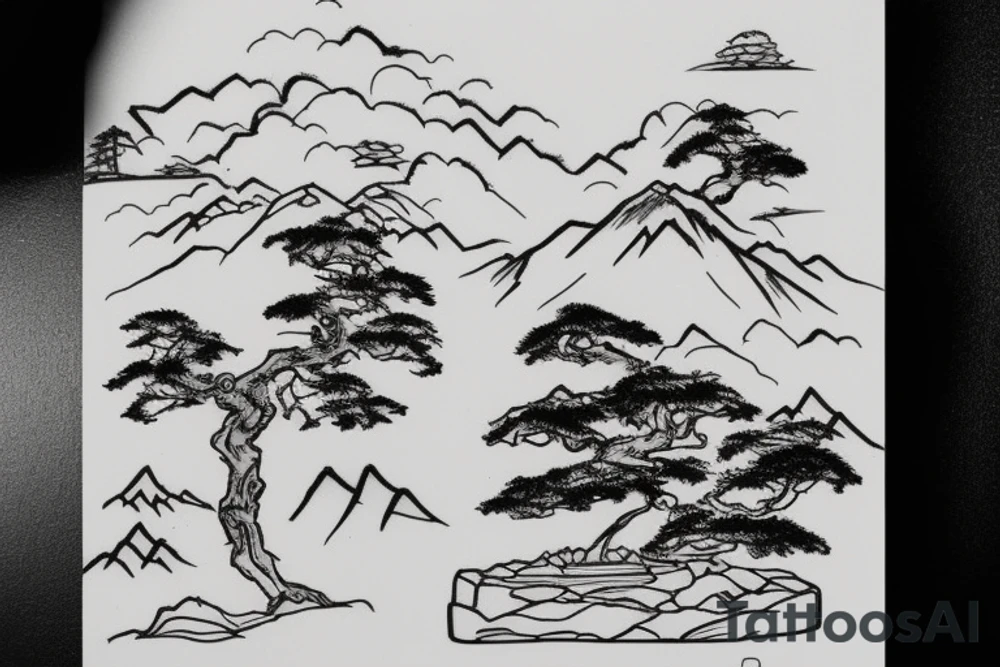 mountain with bonsai tree and a tiger tattoo idea