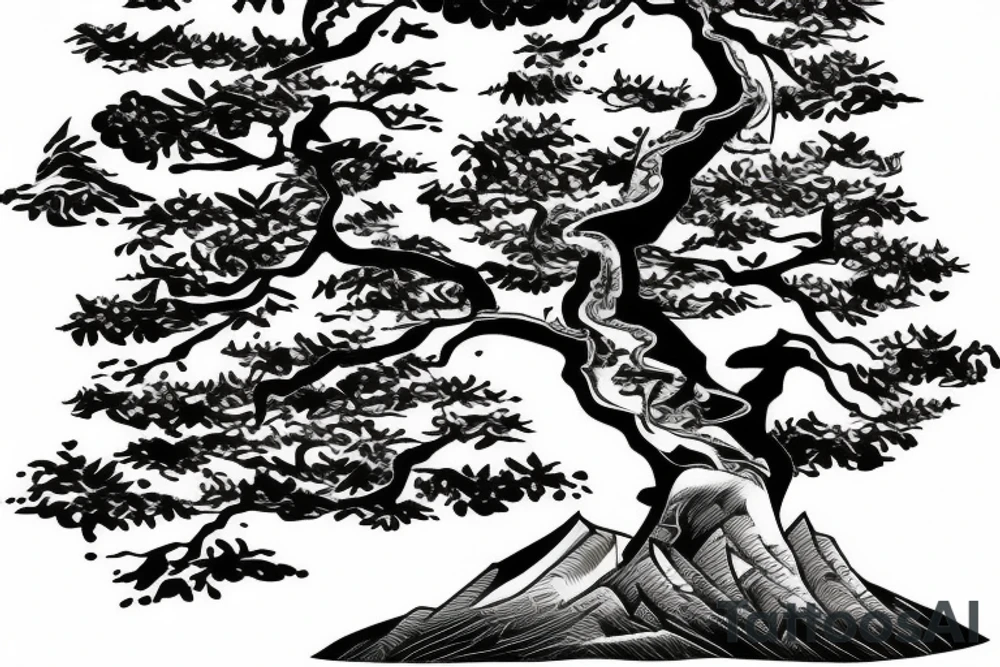 mountain with bonsai tree with a tiger infront of the tree with sunset tattoo idea