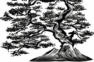 mountain with bonsai tree with a tiger infront of the tree with sunset tattoo idea