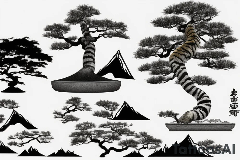 mountain with bonsai tree with a tiger infront of the tree with sunset tattoo idea