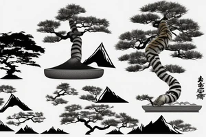 mountain with bonsai tree with a tiger infront of the tree with sunset tattoo idea