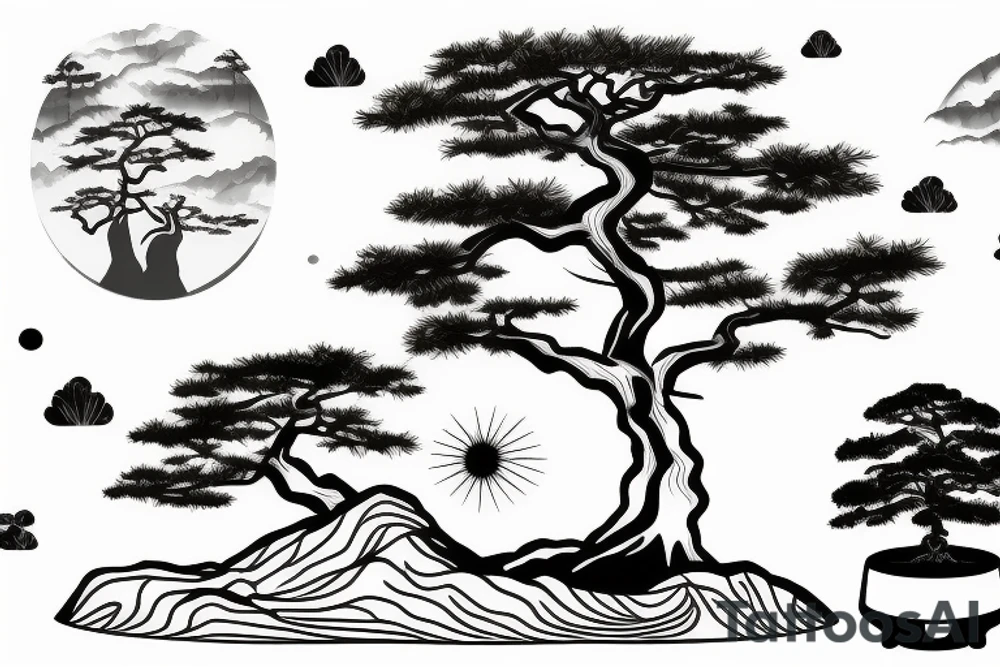 mountain with bonsai tree with a tiger infront of the tree with sunset in the background tattoo idea