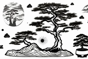 mountain with bonsai tree with a tiger infront of the tree with sunset in the background tattoo idea