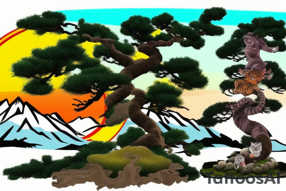 mountain with bonsai tree with a tiger infront of the tree with sunset in the background tattoo idea