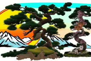 mountain with bonsai tree with a tiger infront of the tree with sunset in the background tattoo idea