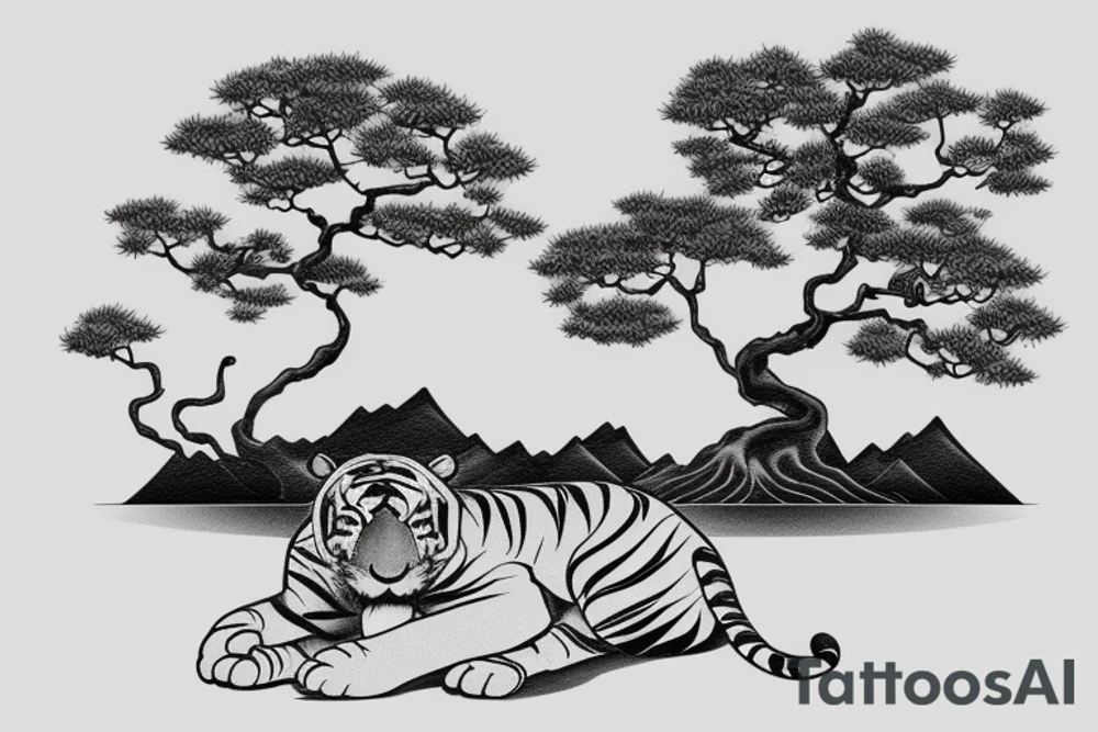 a tiger laying infront of a bonsai tree, with a mountain lake sunset in the background tattoo idea