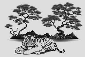 a tiger laying infront of a bonsai tree, with a mountain lake sunset in the background tattoo idea