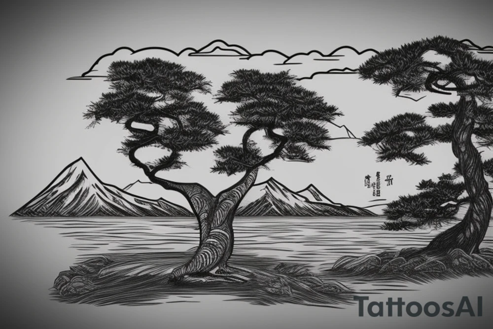 a tiger laying infront of a bonsai tree, with a mountain lake sunset in the background tattoo idea