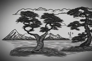 a tiger laying infront of a bonsai tree, with a mountain lake sunset in the background tattoo idea