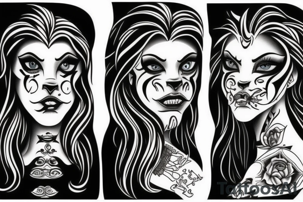 Right Half lion face merged left half woman face tattoo tattoo idea