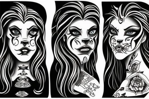 Right Half lion face merged left half woman face tattoo tattoo idea