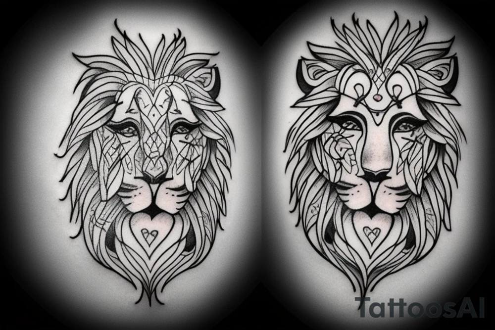 Right Half lion face merged left half woman face tattoo tattoo idea