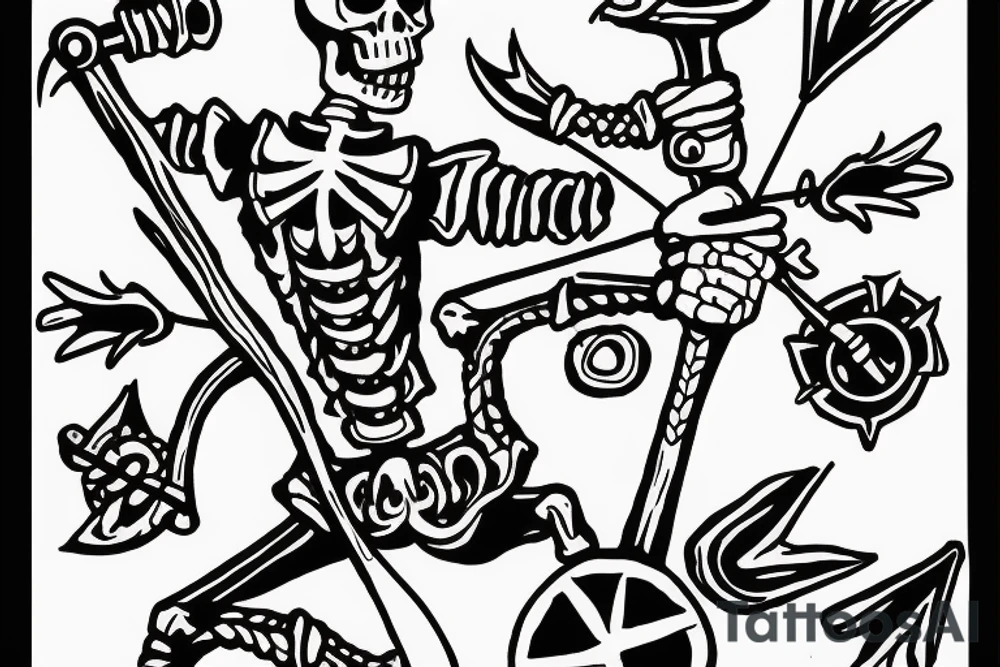 Marching skeleton with a torch and trident tattoo idea