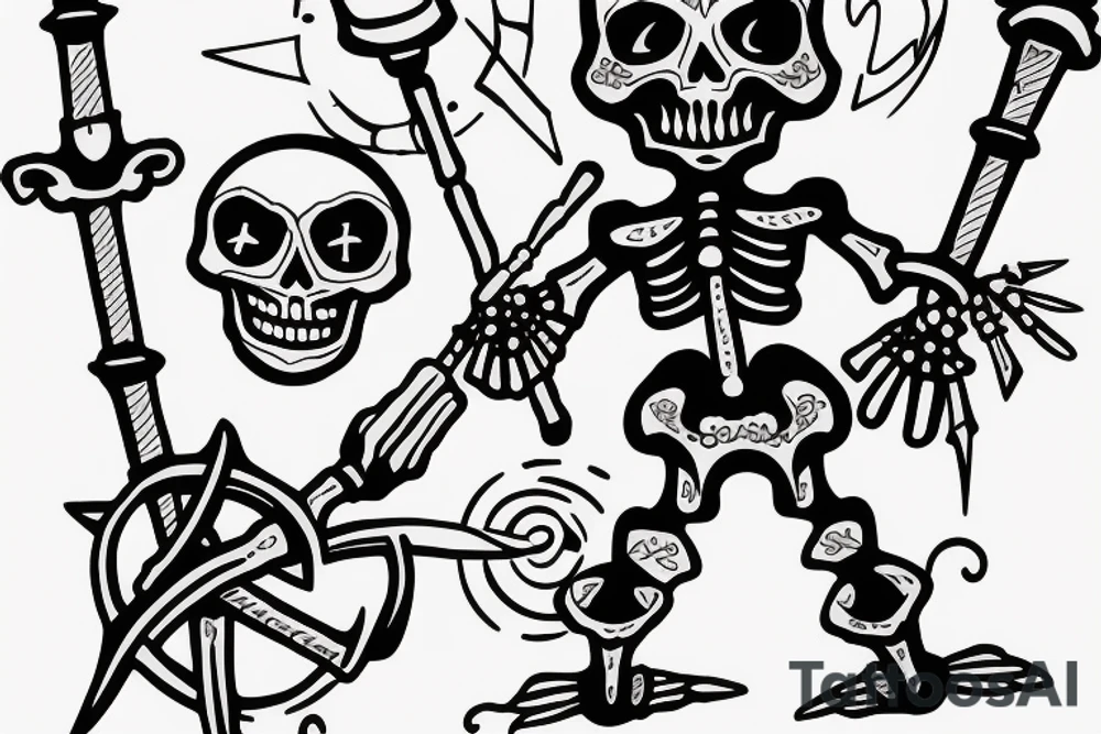 Marching skeleton with a torch and trident tattoo idea
