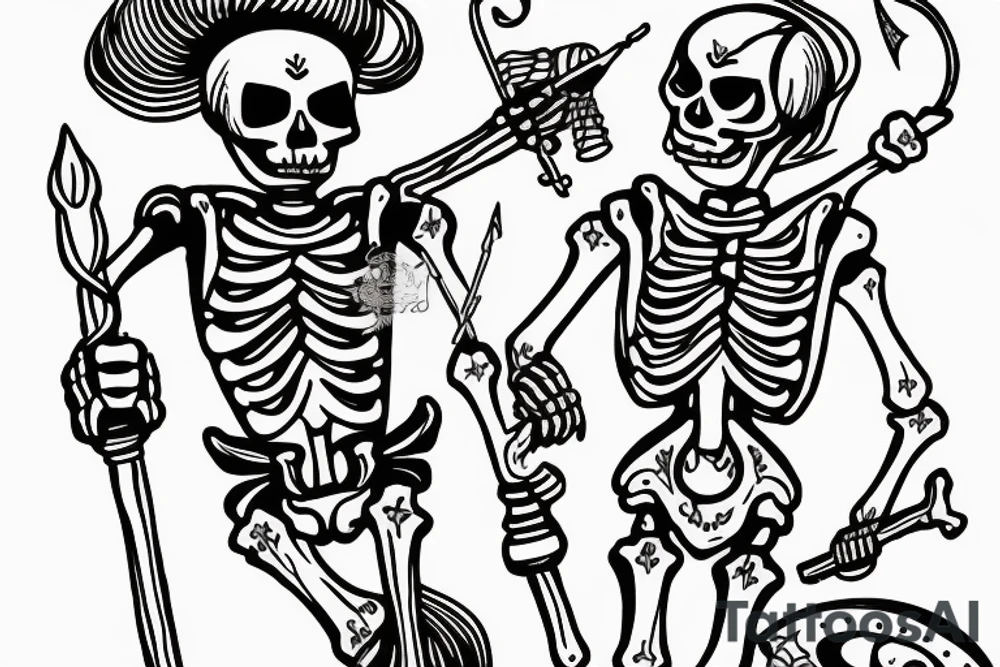 Marching skeleton with a torch and trident tattoo idea