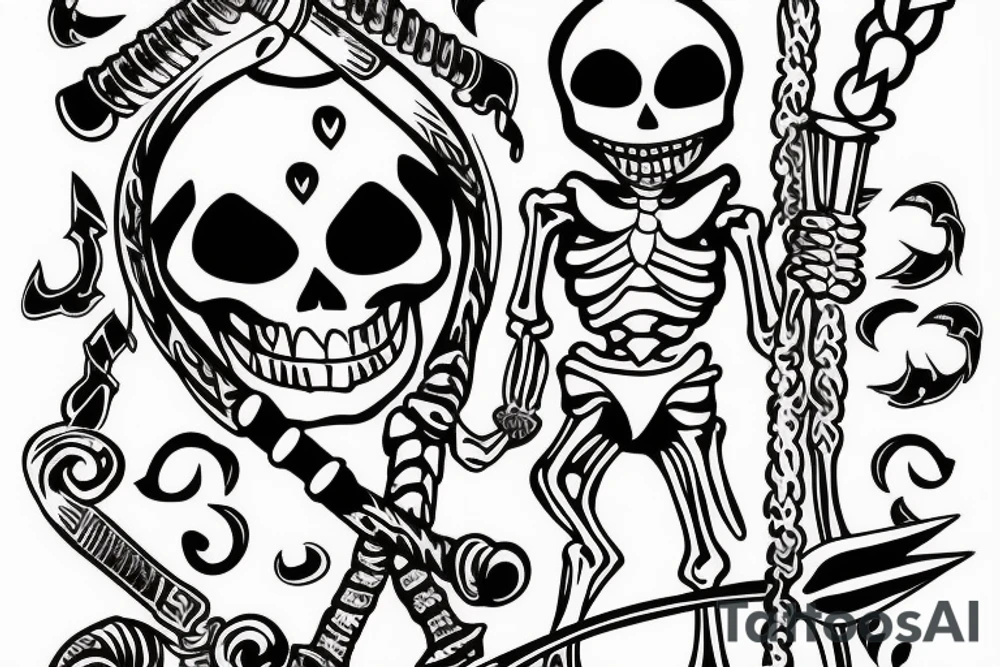 Marching skeleton with a torch and trident tattoo idea