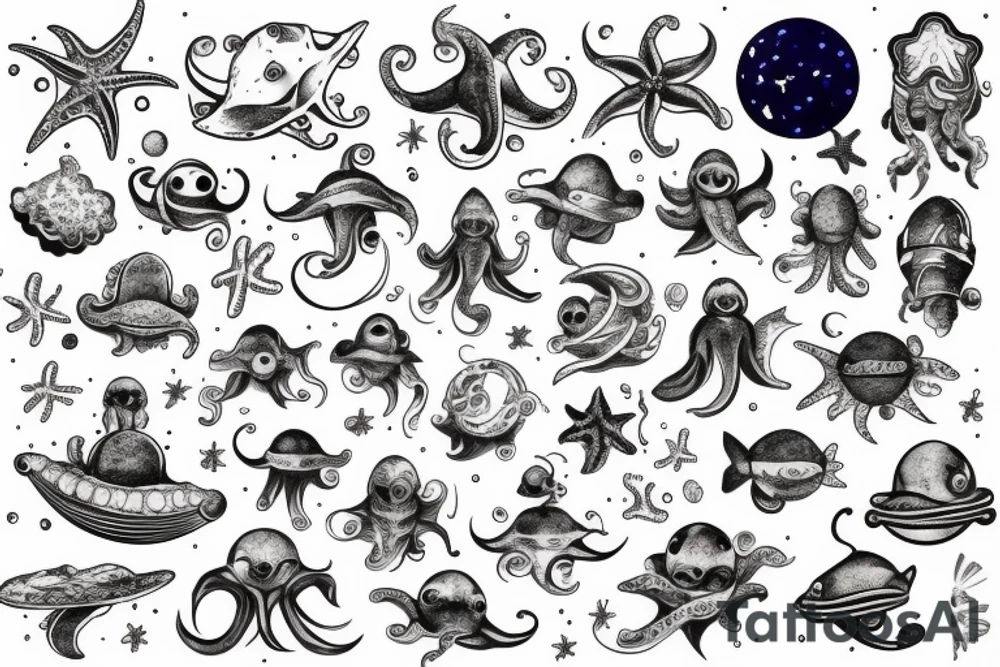 ocean, space, universe, water, octopus, submarine tattoo idea