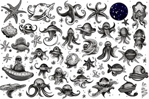 ocean, space, universe, water, octopus, submarine tattoo idea
