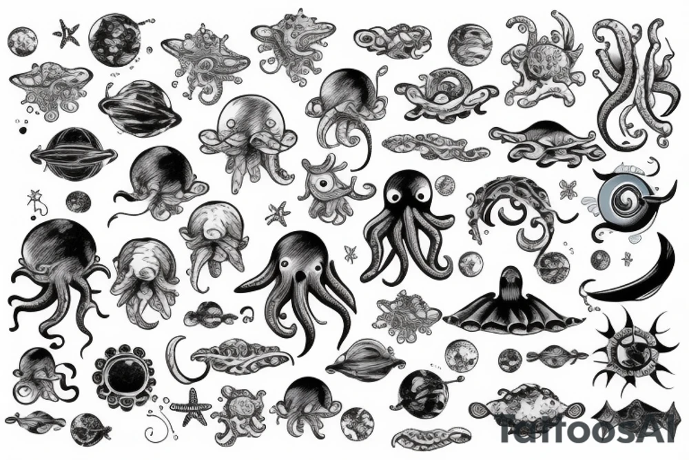 ocean, space, universe, water, octopus, submarine tattoo idea