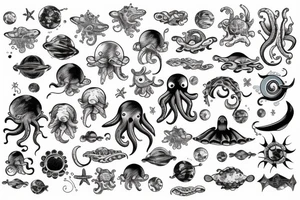ocean, space, universe, water, octopus, submarine tattoo idea