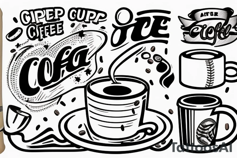a cup of coffee warmed by a baseball bat fire with a sailboat in it tattoo idea