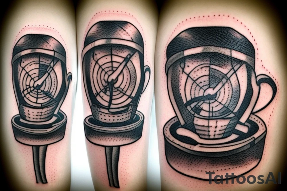 a cup of coffee warmed by a baseball bat fire with a sailboat in it tattoo idea