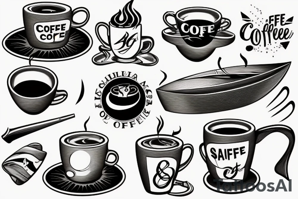 a cup of coffee with a sailboat in it, warmed by a baseball bat fire tattoo idea