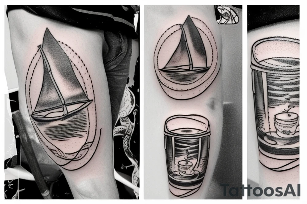 a cup of coffee with a sailboat in it, warmed by a baseball bat fire tattoo idea