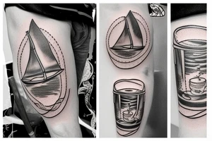 a cup of coffee with a sailboat in it, warmed  by a baseball bat fire tattoo idea