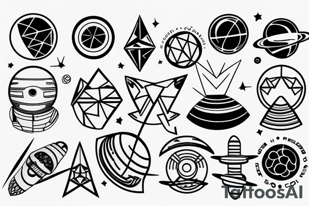 Astronaut with planets and geometric shapes tattoo idea