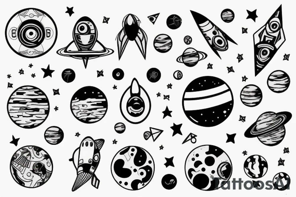 Astronaut with planets and geometric shapes tattoo idea