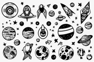 Astronaut with planets and geometric shapes tattoo idea