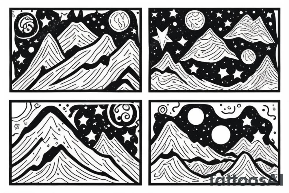 Snow-capped mountains with stars and space above them. tattoo idea