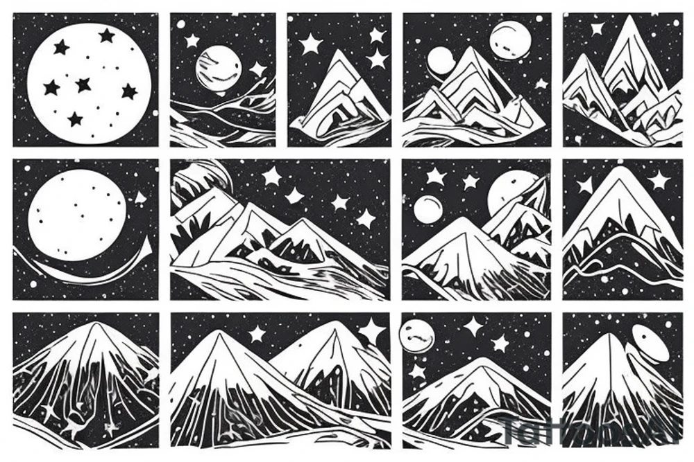 Snow-capped mountains with stars and space above them. tattoo idea