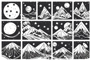 Snow-capped mountains with stars and space above them. tattoo idea