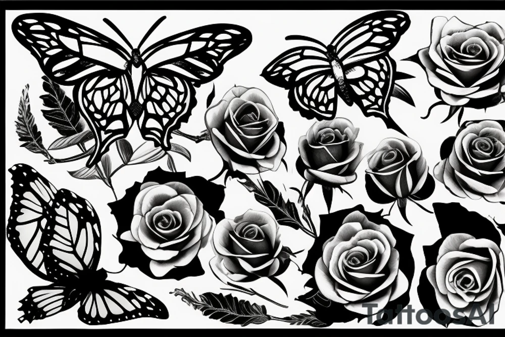 butterfly, roses, thorn, leaves tattoo idea