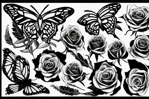butterfly, roses, thorn, leaves tattoo idea