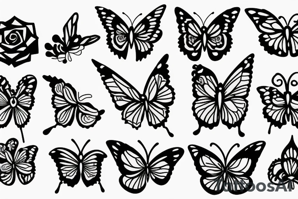 butterfly, roses, thorn, leaves tattoo idea
