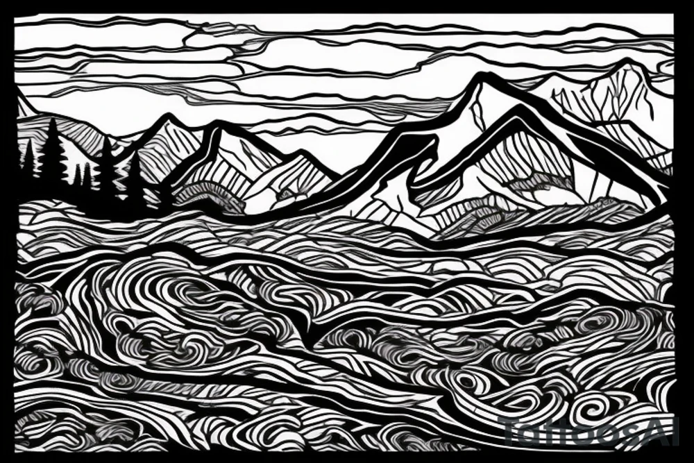 British columbia mountains in the background, with an irish stream flowing underneath. The word Adaira under the mountains tattoo idea