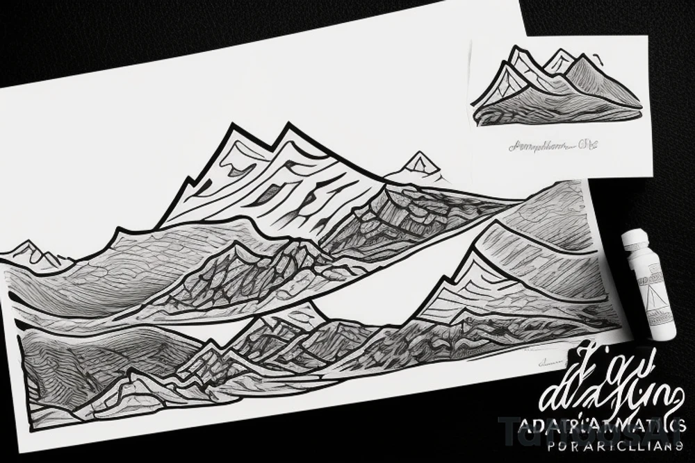 British columbia mountains in the background, with an irish stream flowing underneath. The word Adaira under the mountains tattoo idea