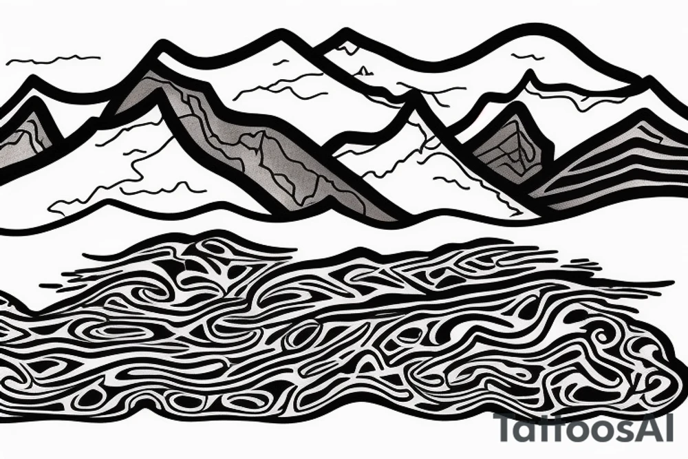 British columbia mountains in the background, with an irish stream flowing underneath. The word Adaira under the mountains tattoo idea