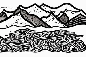 British columbia mountains in the background, with an irish stream flowing underneath. The word Adaira under the mountains tattoo idea