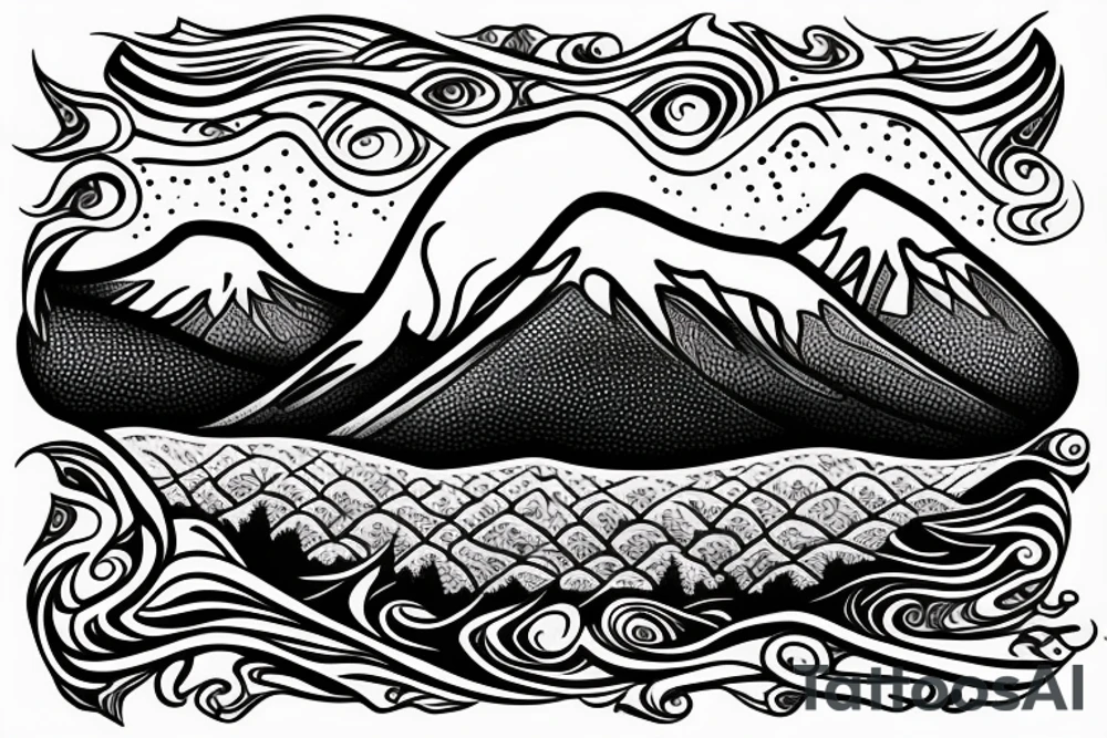 British columbia mountains in the background, with an irish stream flowing underneath. The word Adaira under the mountains tattoo idea