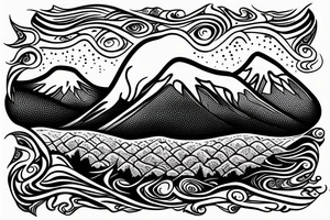 British columbia mountains in the background, with an irish stream flowing underneath. The word Adaira under the mountains tattoo idea