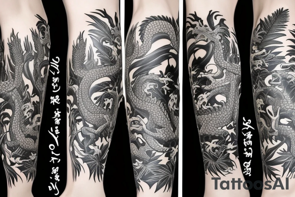 Leg half-sleeve - Dragon tattoo with bright jungle foliage tattoo idea