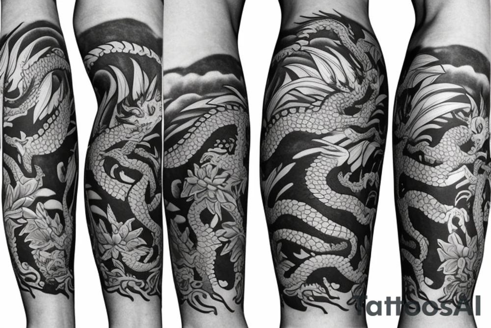 Leg half-sleeve - Dragon tattoo with bright jungle foliage tattoo idea