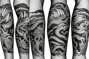 Leg half-sleeve - Dragon tattoo with bright jungle foliage tattoo idea