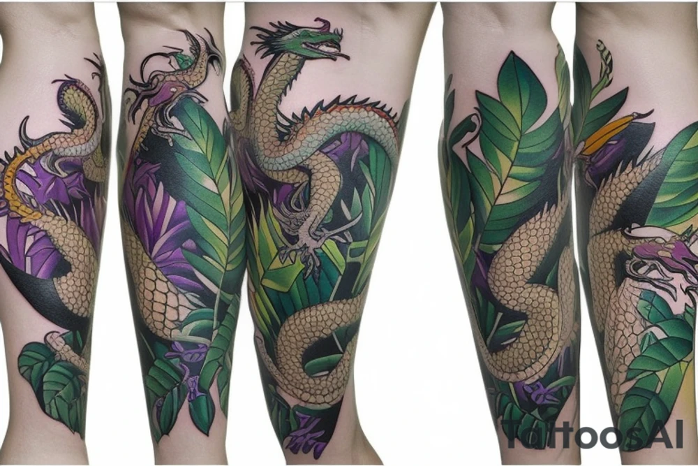 Leg half-sleeve Full Colour - Dragon tattoo with bright jungle foliage tattoo idea
