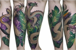 Leg half-sleeve Full Colour - Dragon tattoo with bright jungle foliage tattoo idea